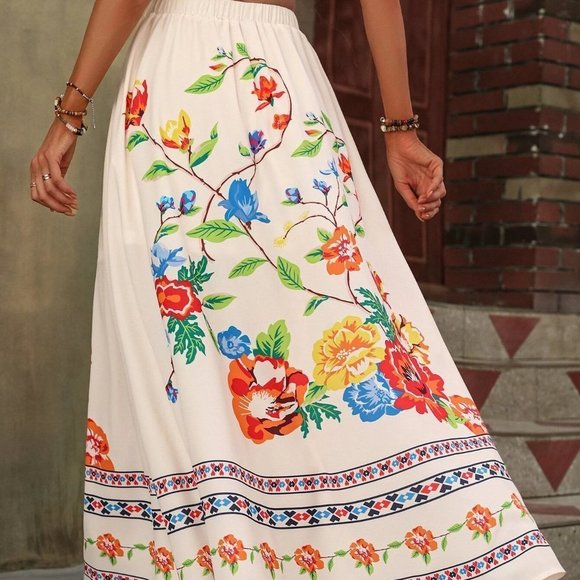 White boho Womens Floral Print Knot Waist Split Thigh Skirt - Picture 2 of 5